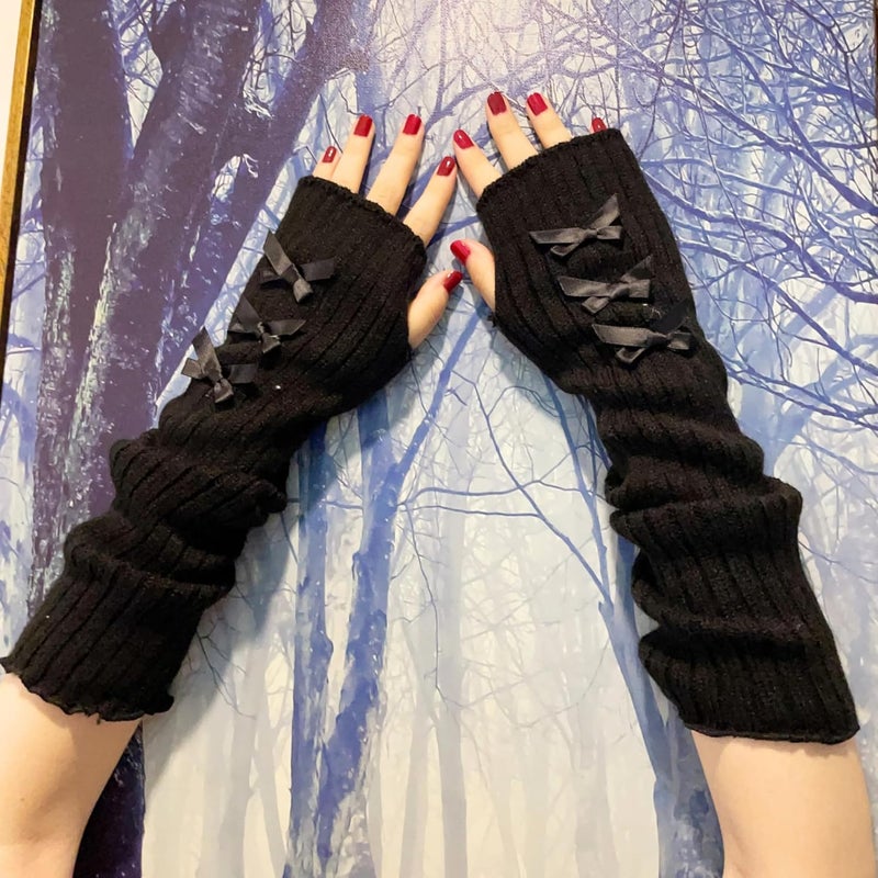 DUNKOING Cute Y2K Arm Warmers Kawaii Knitted Wrist Warmers Long Japanese Harajuku Goth Fingerless Sleeve for Women Girls - Image 2
